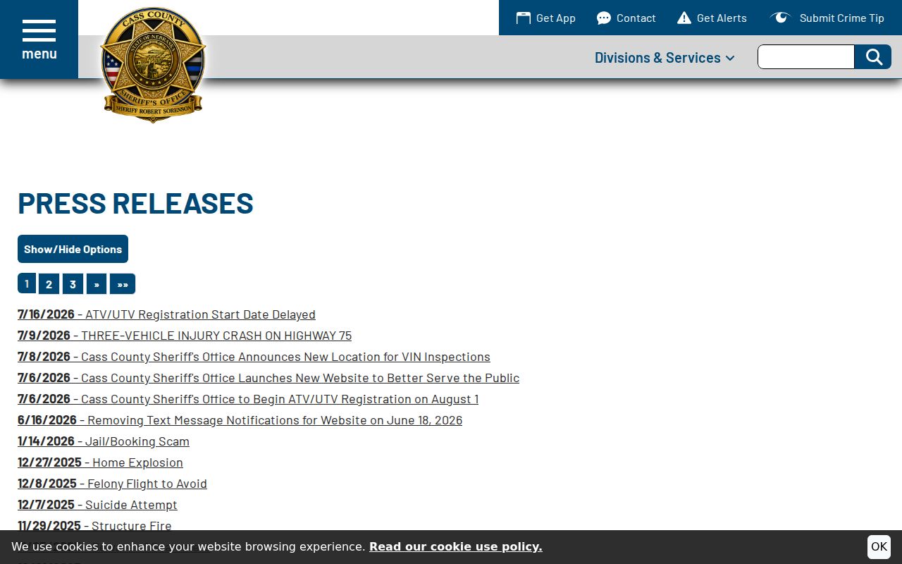 Cass County Sheriff official press release archive