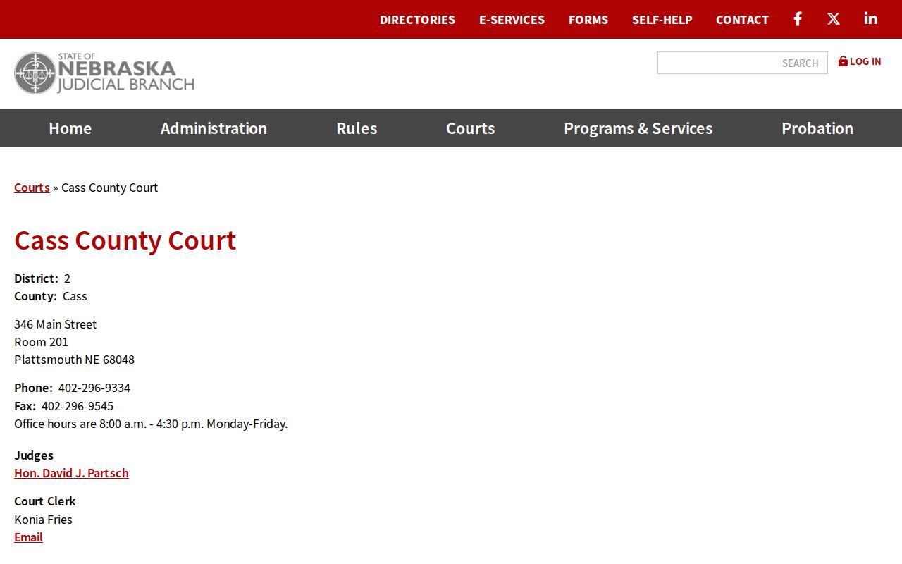 Nebraska Judicial Branch Cass County Court directory