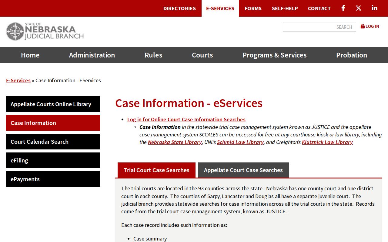 Nebraska JUSTICE case information search options